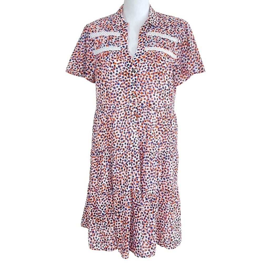 Anthropologie Georgina Tiered Shirtdress In Orange Blue Funky Dot M - Picture 5 of 14